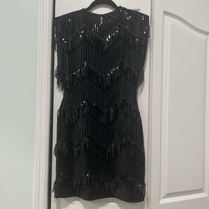 [SOLD] ZARA Fringed Sequin Velvet Dress | Sz. Medium | Color: Black | NWT